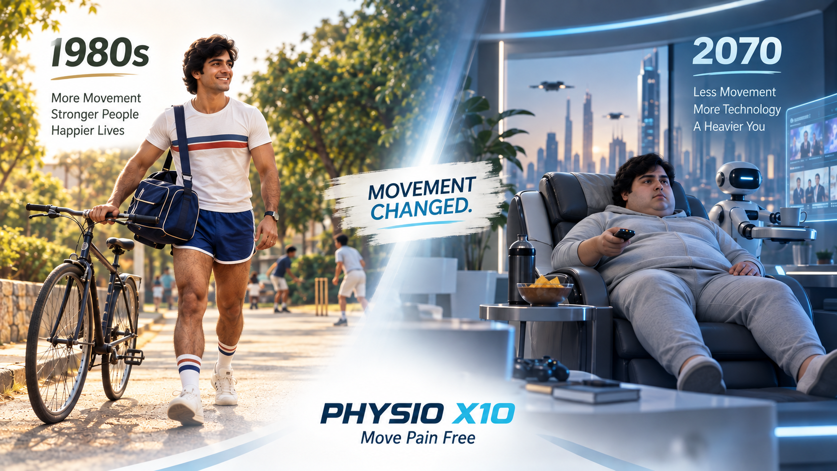 Movement and lifestyle changes from the 1980s to a technology-driven 2070